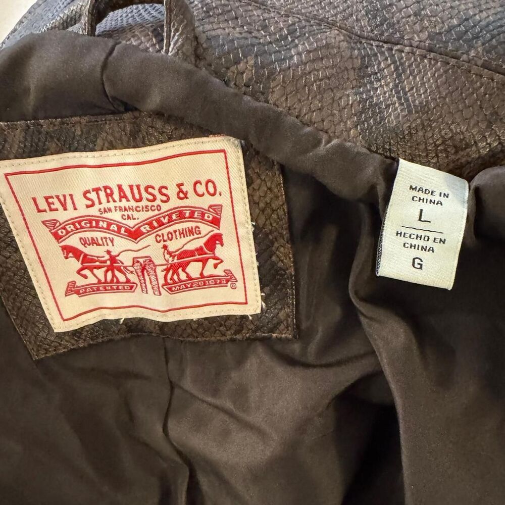 Levi’s Faux Leather Snake Print Moto Jacket Women’s L Brown Cropped Biker Zip - Picture 6 of 7